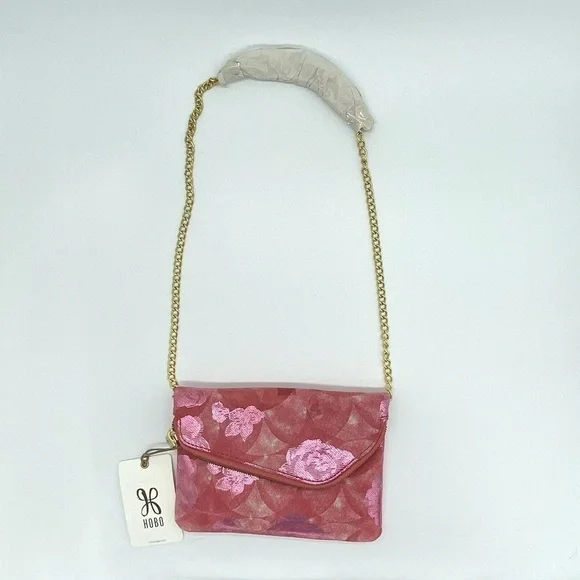 Hobo Daria Sunrise Floral suede leather Embossed Metallic Pink Flowers Crossbody - Picture 2 of 15